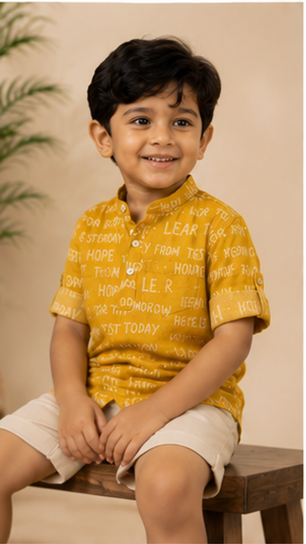 Boys Mustard Yellow Typography Print Mandarin Collar Shirt (Full Sleeve)