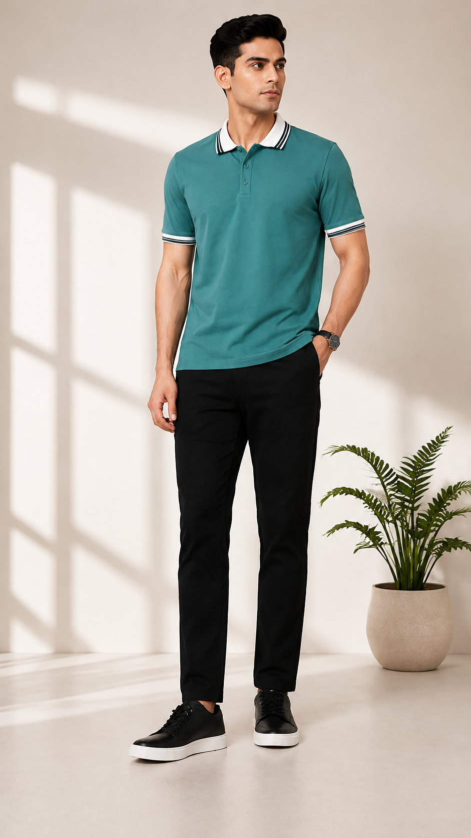 Men’s Premium Aqua Green Polo T-Shirt with White Contrast Collar & Sleeve Stripes