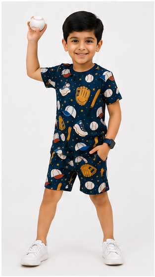 Baseball Sports Print Kids Co-Ord Set – Cotton T-Shirt & Shorts Summer Outfit for Boys