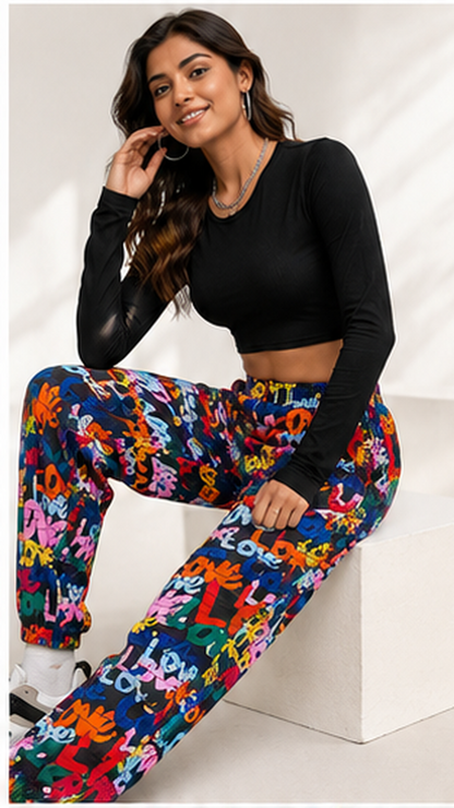 Women Multicolor Graffiti Printed Joggers – Trendy Casual Streetwear & Lounge Pants