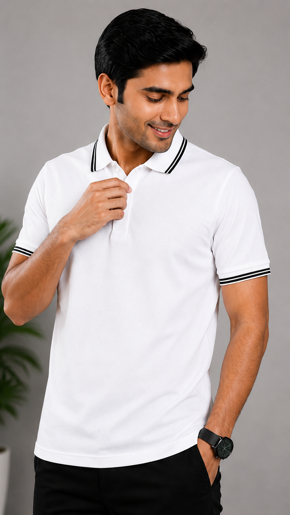 Men’s Premium White Polo T-Shirt with Black Contrast Collar & Sleeve Stripes