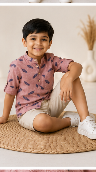 Boys Peach Feather Print Mandarin Collar Shirt (Full Sleeve)
