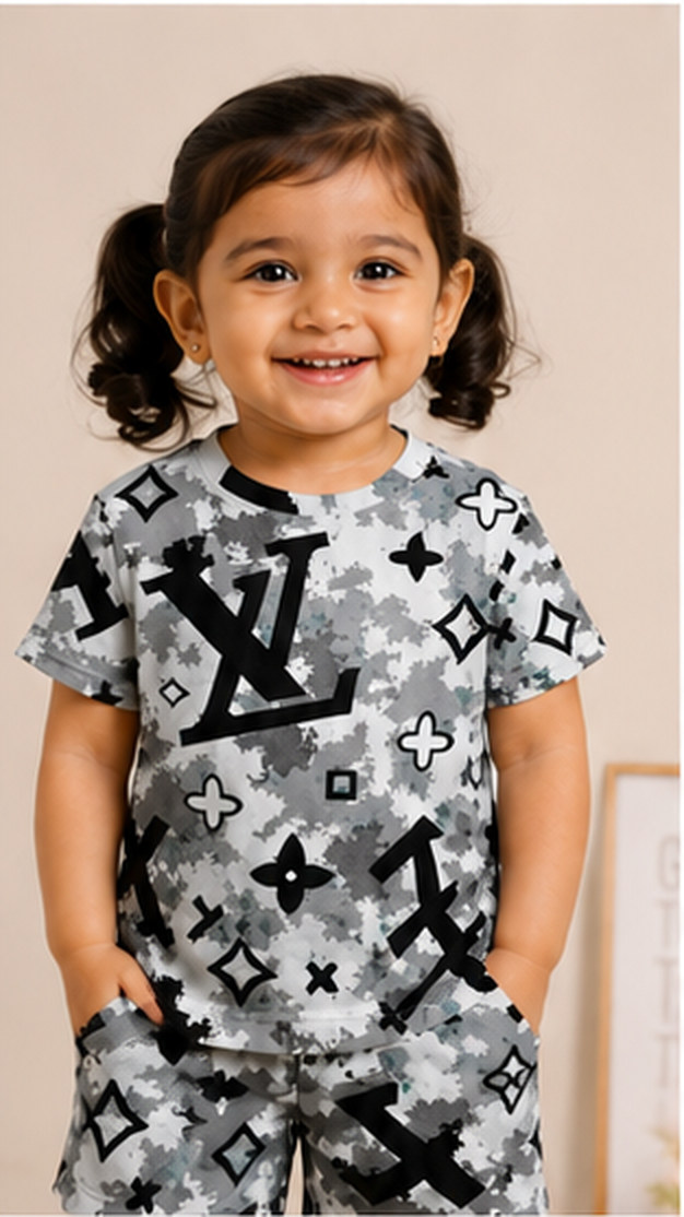 Grey Monogram Style Kids Co-Ord Set – Abstract Luxury Print T-Shirt & Shorts for Kids