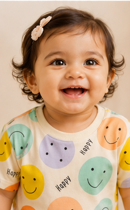 Happy Smiley Face Kids Co-Ord Set – Cute Printed Cotton T-Shirt & Shorts Set for Girls