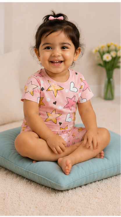 Star & Heart Kids Co-Ord Set – Pink Printed T-Shirt & Shorts for Girls