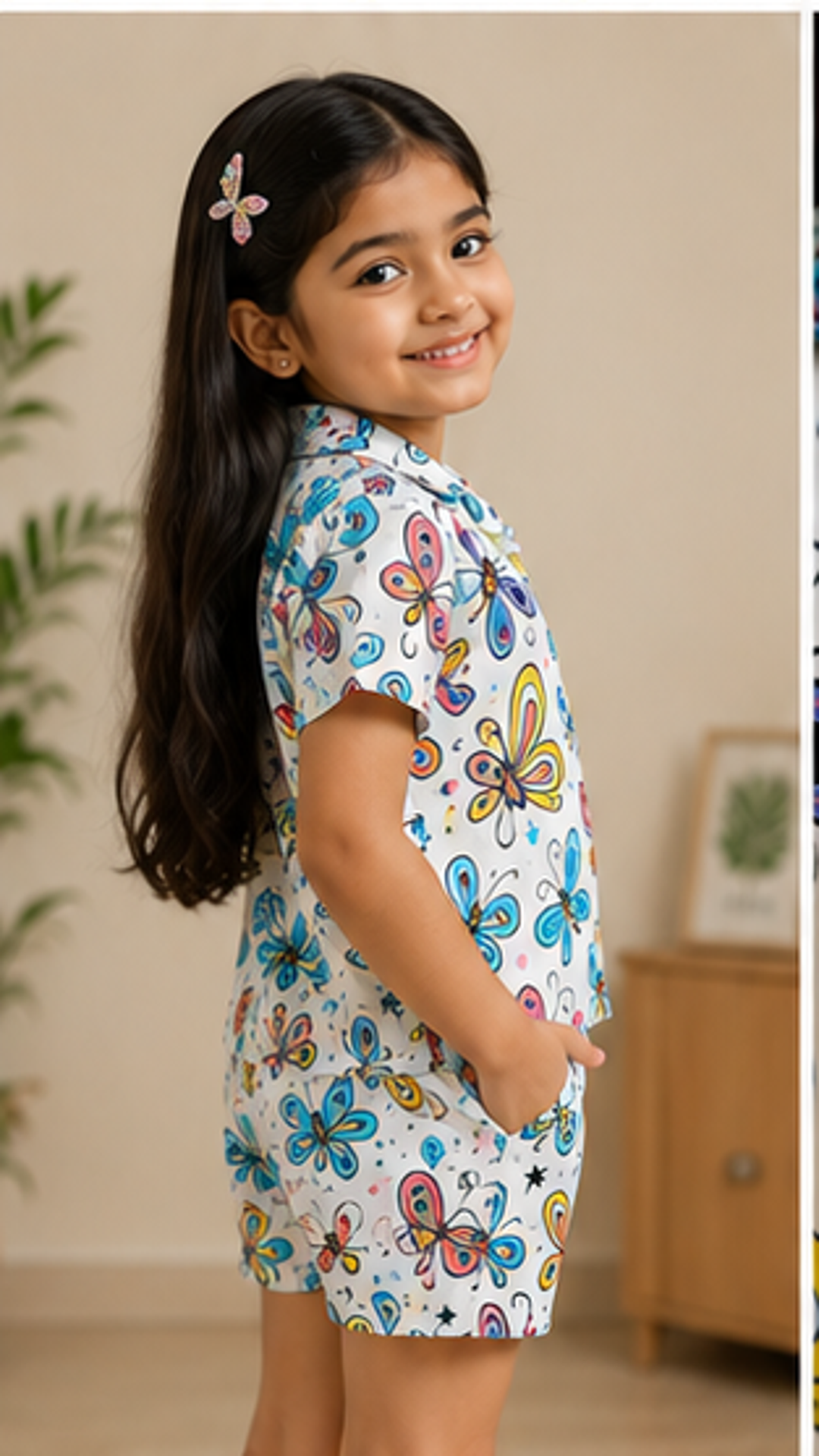 Butterfly Print Kids Co-Ord Set – Stylish Cotton Shirt & Shorts Set for Girls