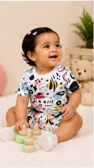 Abstract Space Print Kids Co-Ord Set – Stylish Planet Graphic T-Shirt & Shorts for Girls