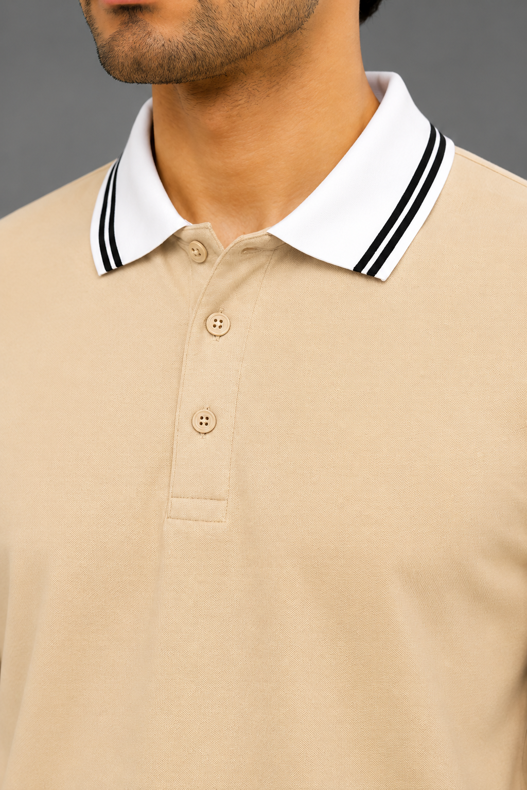Men’s Premium Beige Polo T-Shirt with White Contrast Collar & Sleeve Stripes