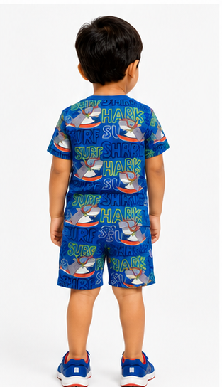 Boys Surf Shark Printed Co-ord Set – Beach Style Cotton T-Shirt & Shorts Set