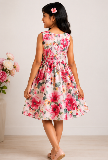 Girls Pink Floral Print Fit & Flare Dress (Sleeveless)
