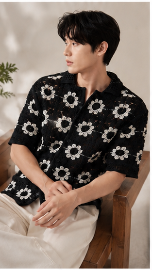 Men's Black Crochet Daisy Knit Shirt – Premium Handmade Floral Open Knit Resort Shirt