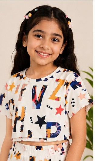 Girls Alphabet Print Co-Ord Set | Kids Crop Top & Bell Bottom Pants Outfit | Stylish Casual Wear for Girls