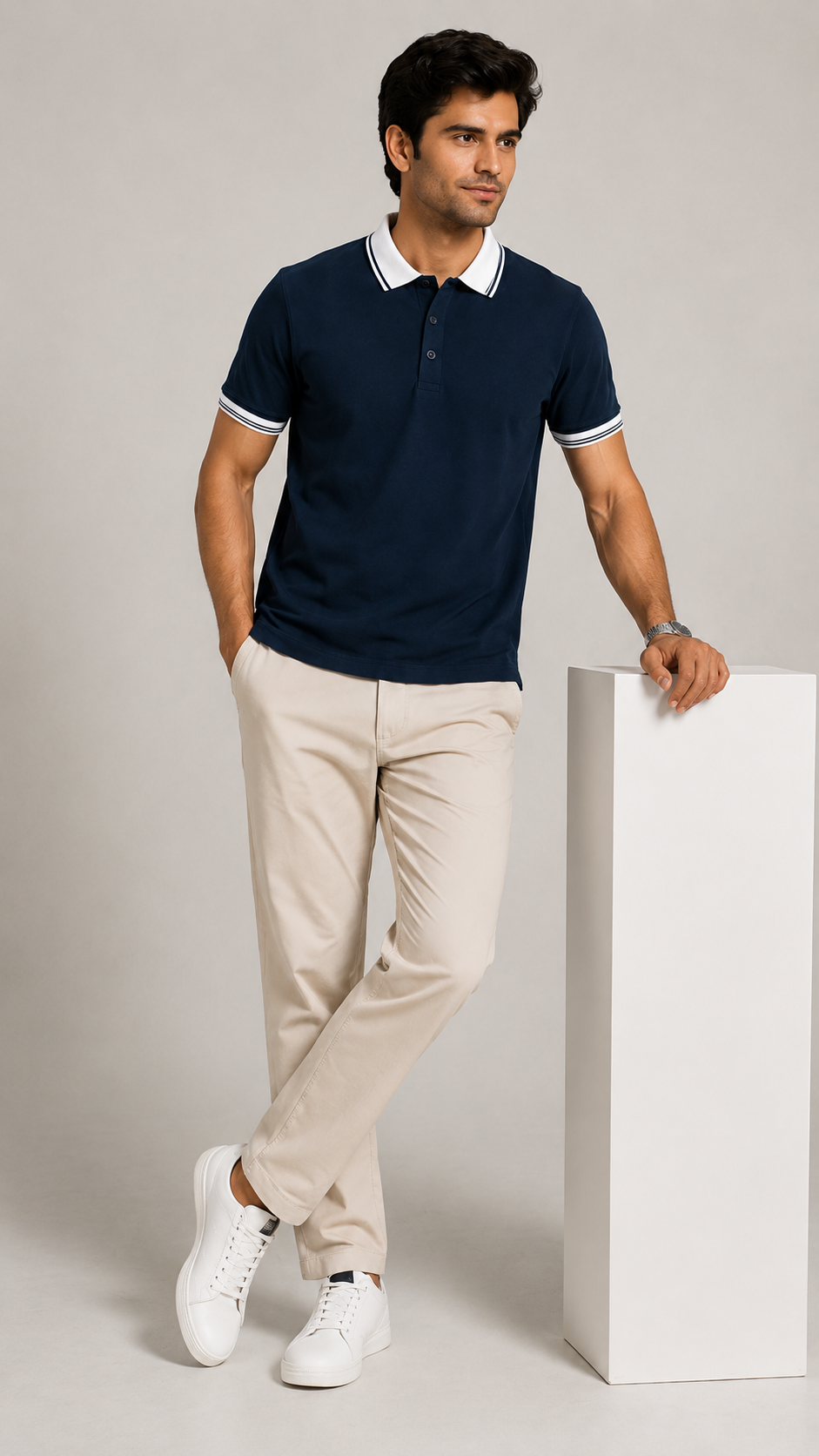 Men’s Premium Navy Blue Polo T-Shirt with White Contrast Collar & Sleeve Stripes