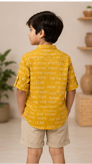Boys Mustard Yellow Typography Print Mandarin Collar Shirt (Full Sleeve)