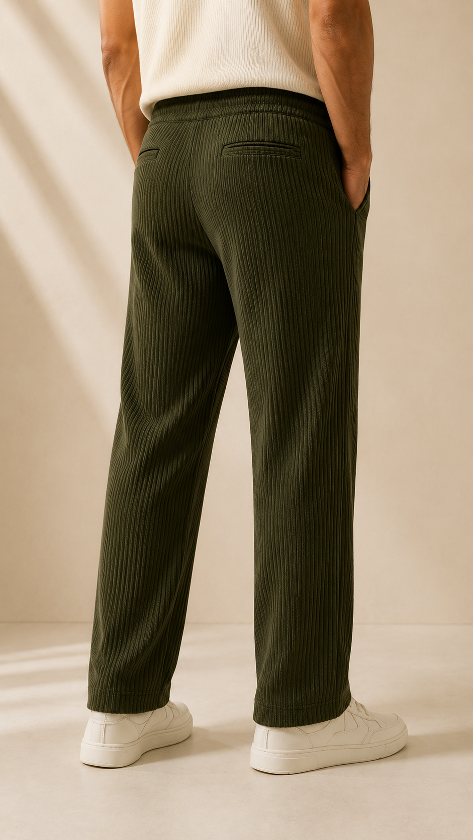 Olive Green Ribbed Track Pants for Men | Premium Relaxed Fit Textured Joggers with Zip Pockets