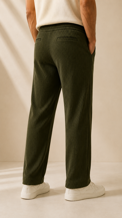 Olive Green Ribbed Track Pants for Men | Premium Relaxed Fit Textured Joggers with Zip Pockets