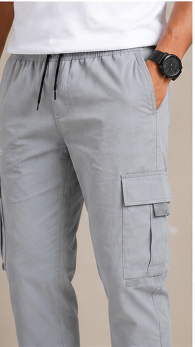 Light Grey Cargo Joggers for Men – Slim Fit Multi-Pocket Casual Streetwear Pants