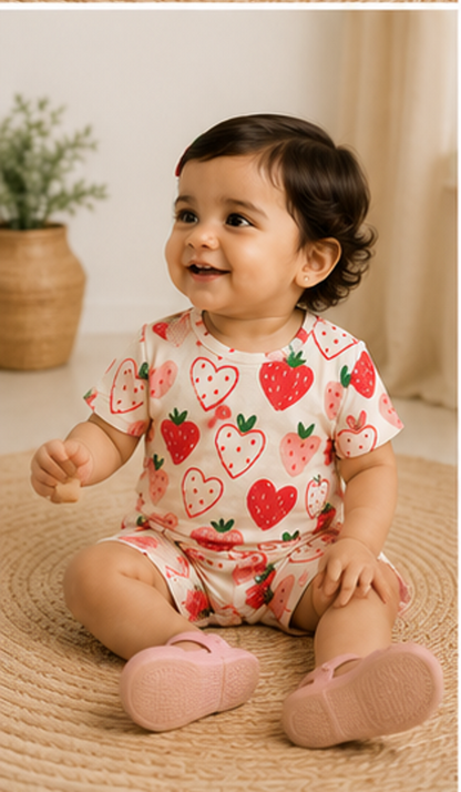 Strawberry Heart Print Kids Co-Ord Set – Cute Cotton T-Shirt & Shorts for Girls