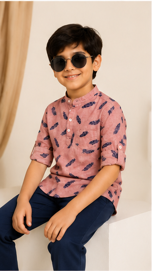 Boys Peach Feather Print Mandarin Collar Shirt (Full Sleeve)