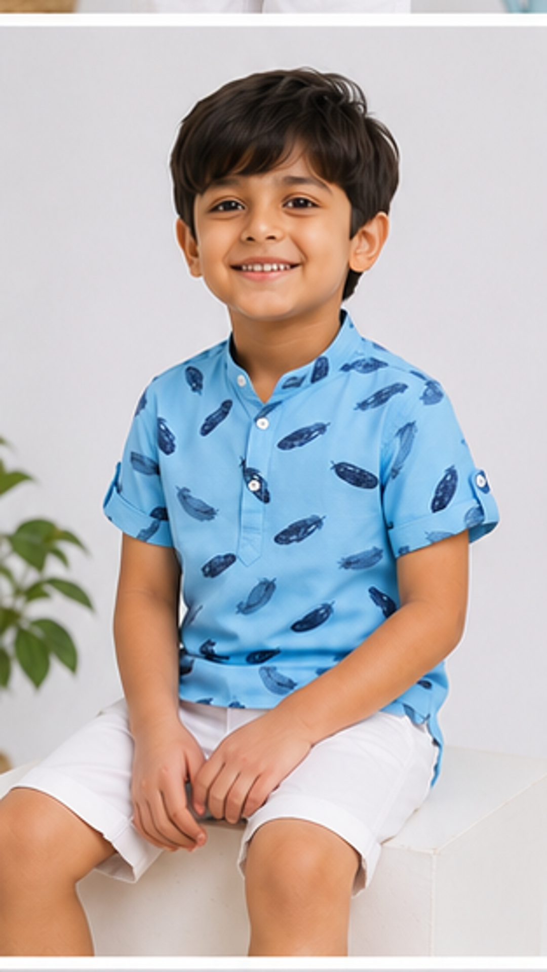 Boys Sky Blue Feather Print Mandarin Collar Shirt (Full Sleeve)