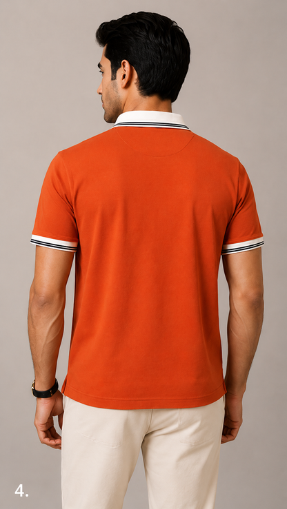 Men’s Premium Rust Orange Polo T-Shirt with White Contrast Collar & Sleeve Stripes