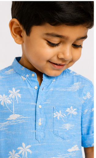 Boys Sky Blue Tropical Print Cotton Short Kurta Shirt – Summer Casual Kidswear