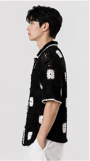 Men's Black Crochet Granny Square Knit Shirt – Handmade Premium Resort Wear Shirt