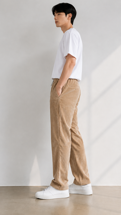 Horcun Men's Sand Beige Corduroy Drawstring Trousers | Premium Casual Pants