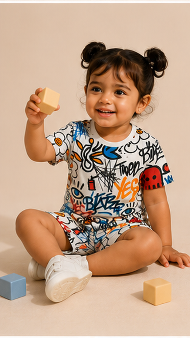 Urban Graffiti Print Kids Co-Ord Set – Trendy Cotton T-Shirt & Shorts for Girls