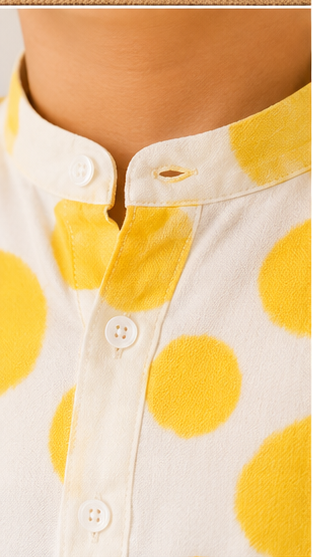 Boys White & Yellow Polka Dot Cotton Short Kurta Shirt – Trendy Summer Kidswear