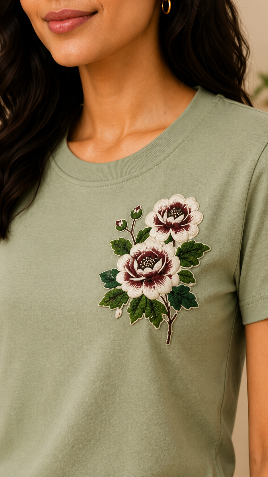 Women’s Sage Green Floral Embroidered Co-Ord Set – Casual T-Shirt & Shorts Lounge Wear
