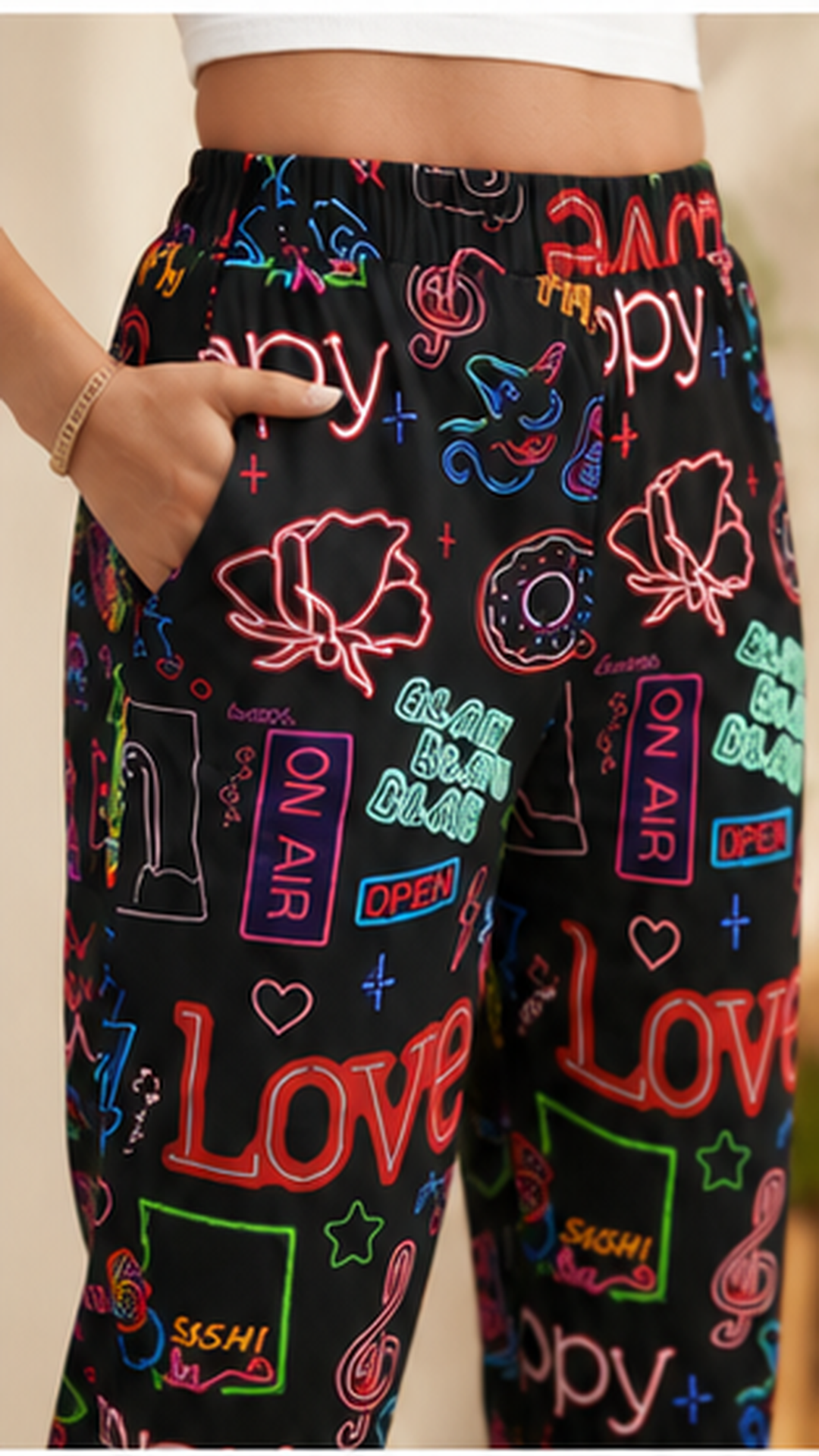 Women Black Neon Printed Joggers – Stylish Casual Lounge & Streetwear Pants