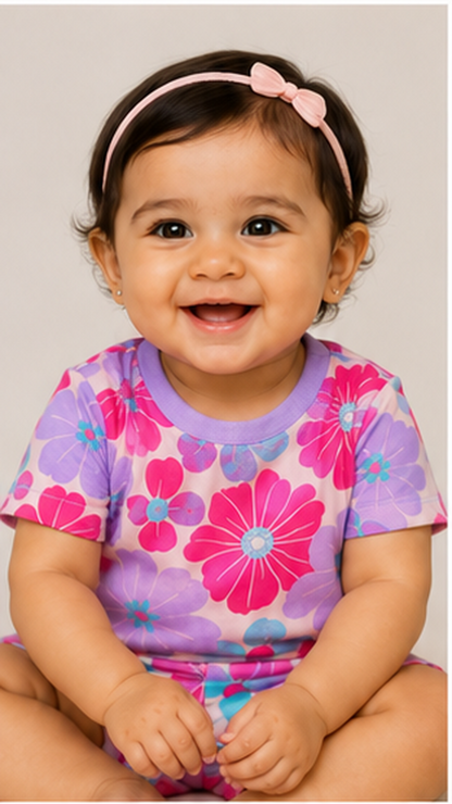 Bold Floral Kids Co-Ord Set – Pink & Purple Flower Printed T-Shirt & Shorts for Girls
