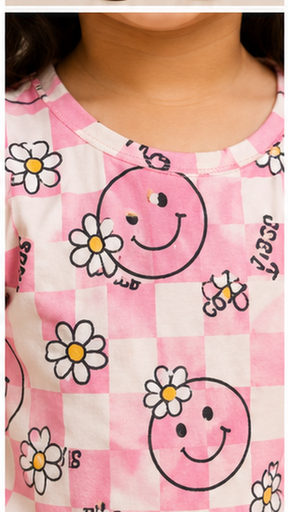 Pink Smiley Checkered Kids Co-Ord Set – Cute Daisy Print T-Shirt & Shorts for Girls