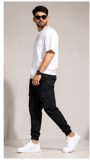 Black Cargo Joggers for Men – Stylish Slim Fit Stretchable Casual Pants with Side Pockets
