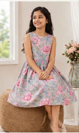 Girls Floral Fit & Flare Dress – Grey Base with Pink Blossom Print