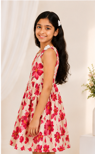 Girls Floral Fit & Flare Dress – Cream Base with Vibrant Pink Blossoms
