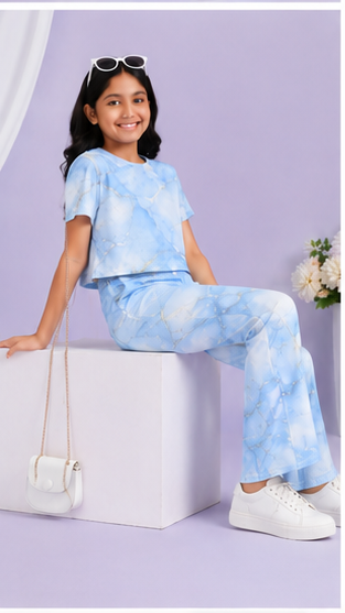 Girls Sky Blue Marble Co-Ord Set | Kids Crop Top & Bell Bottom Pants Outfit | Trendy Western Wear for Girls