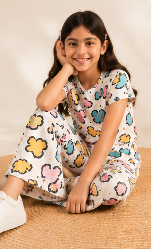 Girls Cartoon Print Co-Ord Set | Kids Crop Top & Bell Bottom Pants Outfit | Trendy Western Wear for Girls