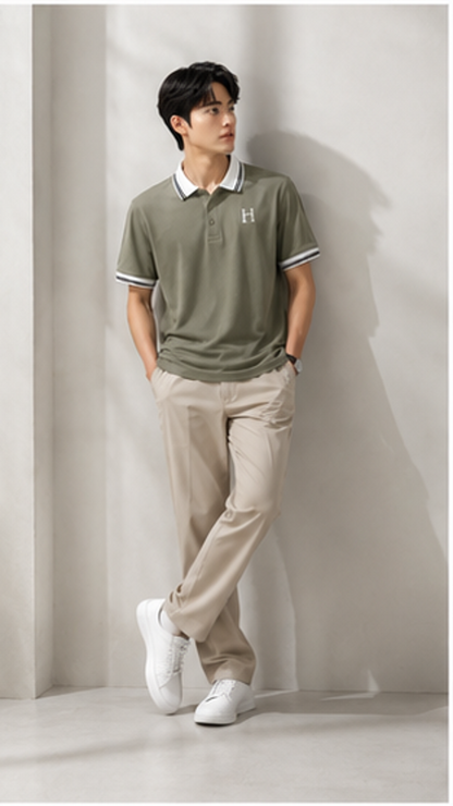 Men's Premium Olive Green Polo T-Shirt with White Contrast Collar | Smart Casual Half Sleeve Polo Tee