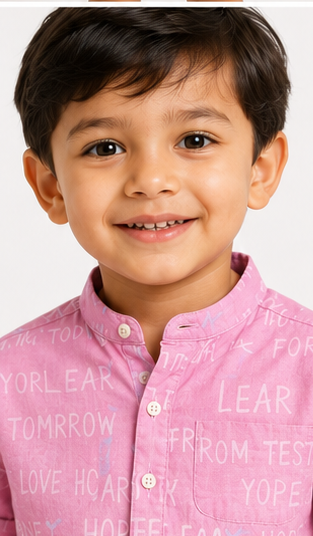 Boys Pink Typography Print Mandarin Collar Shirt (Full Sleeve)