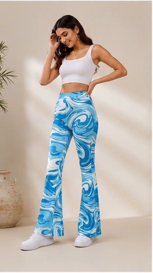 Women Blue Marble Print Flared Pants – Stylish High Waist Casual & Streetwear Trousers