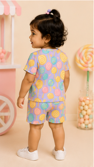 Candy Pop Kids Co-Ord Set – Lollipop Print Cotton T-Shirt & Shorts Set