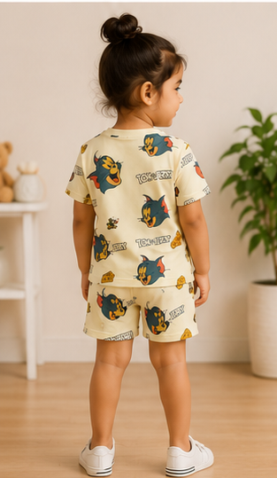 Beige Cartoon Cat & Mouse Kids Co-Ord Set – Cute Animated Print T-Shirt & Shorts for Girls
