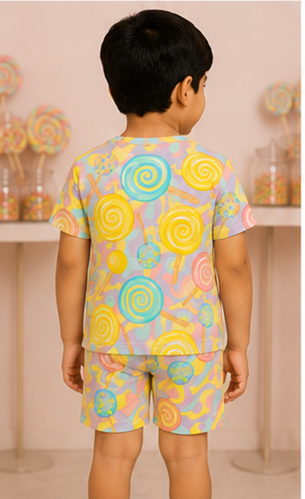Candy Lollipop Print Kids Co-Ord Set – Soft Cotton T-Shirt & Shorts Summer Outfit for Boys & Girls