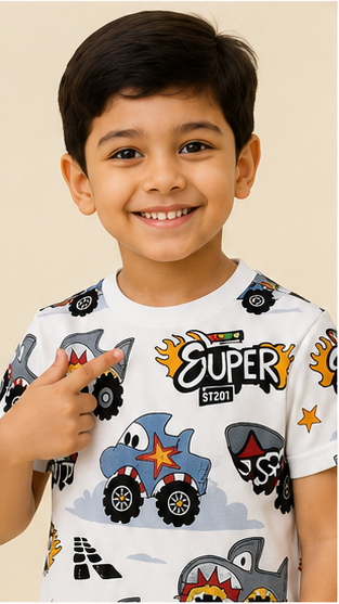 Super Truck Cartoon Print Kids Co-Ord Set – Cotton T-Shirt & Shorts Outfit for Boys