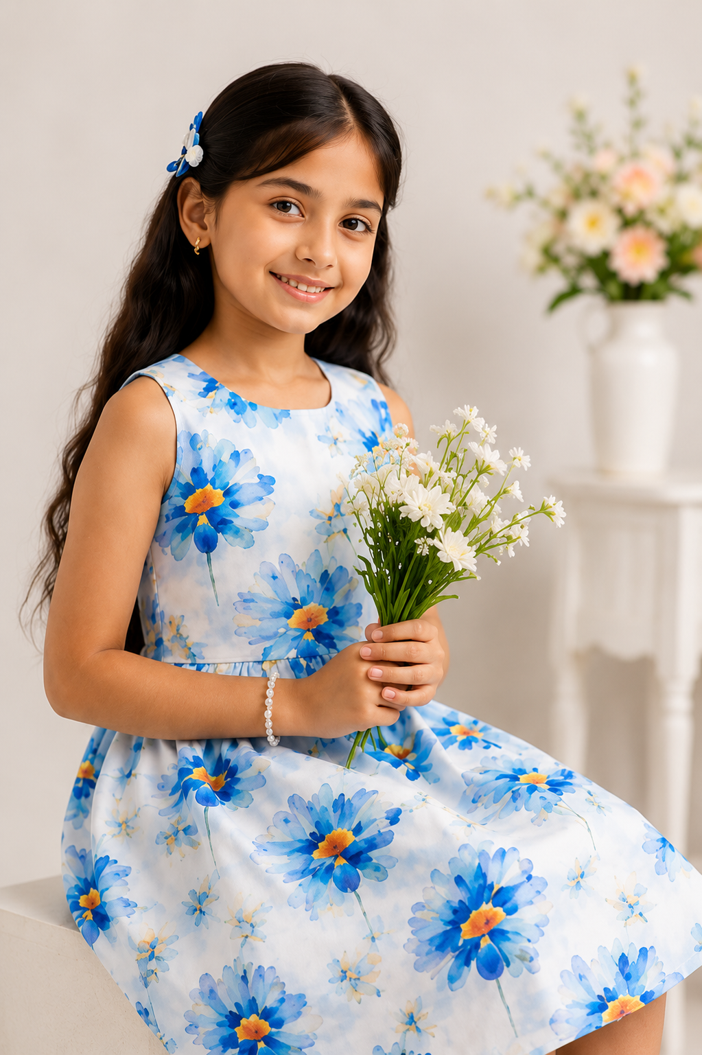 Girls Sky Blue Floral Print Fit & Flare Dress (Sleeveless)