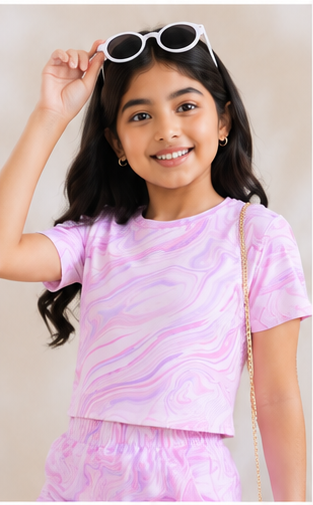 Girls Pink Marble Print Co-Ord Set | Kids Crop Top & Wide Leg Pants Outfit | Trendy Western Wear for Girls