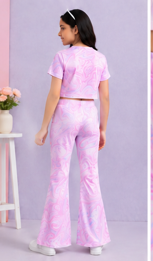 Girls Pink Marble Tie Dye Co-Ord Set | Kids Crop Top & Bell Bottom Pants | Stylish Summer Outfit for Girls
