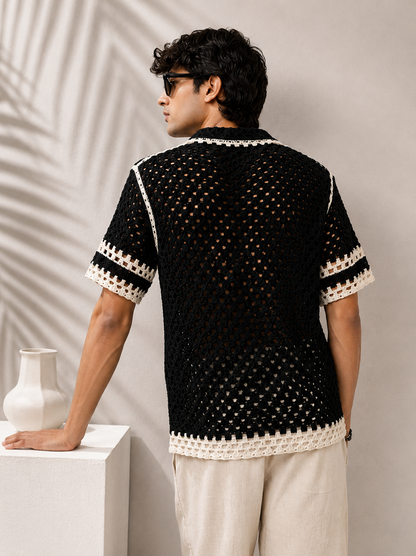 Men's Black Crochet Knit Shirt with White Contrast Trim | Summer Resort Wear